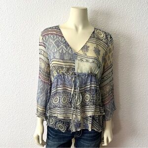 Saint Tropez West Bohemian Patterned V-neck 3/4 sleeve 100% Silk Blouse Sz M
